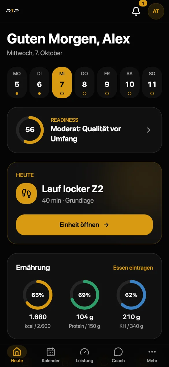 Die Ready to Peak App: Heute-Ansicht mit Readiness, Einheit des Tages und Ernährung